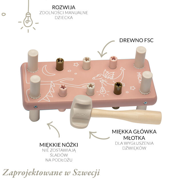 Różowa drewniana przebijanka z młotkiem Micki